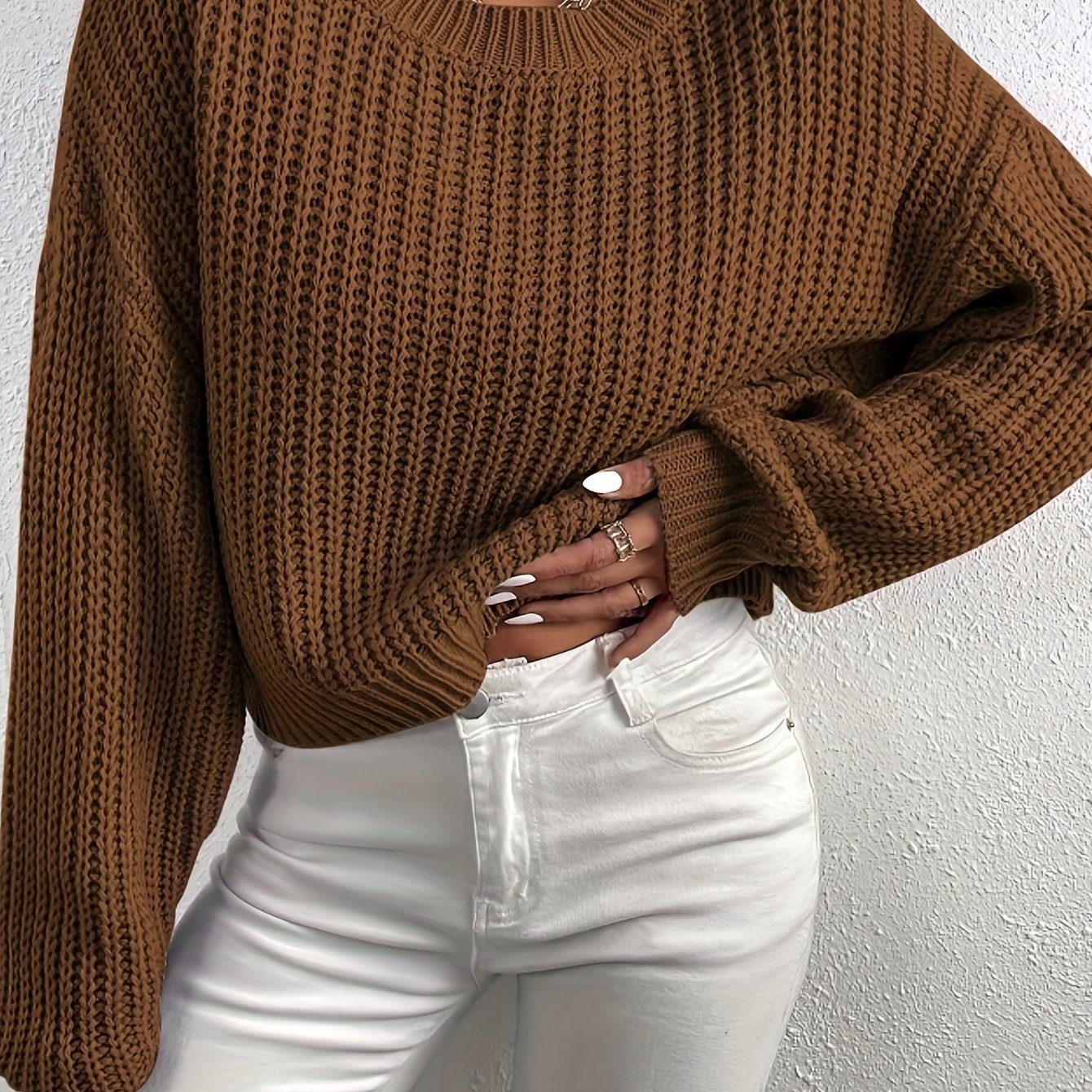 Antmvs Crew Neck Rib Knit Sweater, Casual Drop Shoulder Oversized Long Sleeve Loose Fall Winter Knit Sweater, Women's Clothing