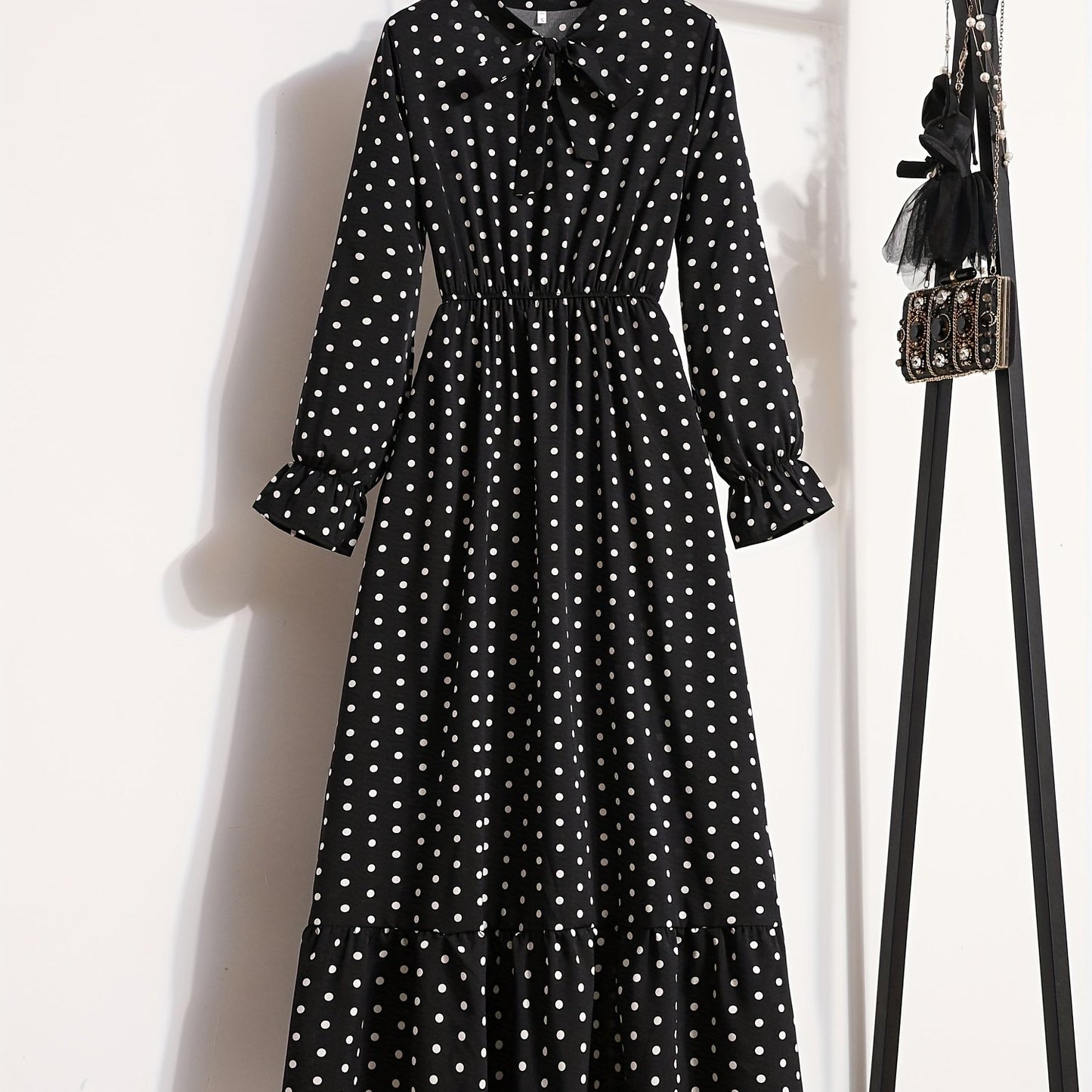 Antmvs Pin Dot Print Dress, Vintage Tie Neck Long Sleeve A Line Dress, Women's Clothing