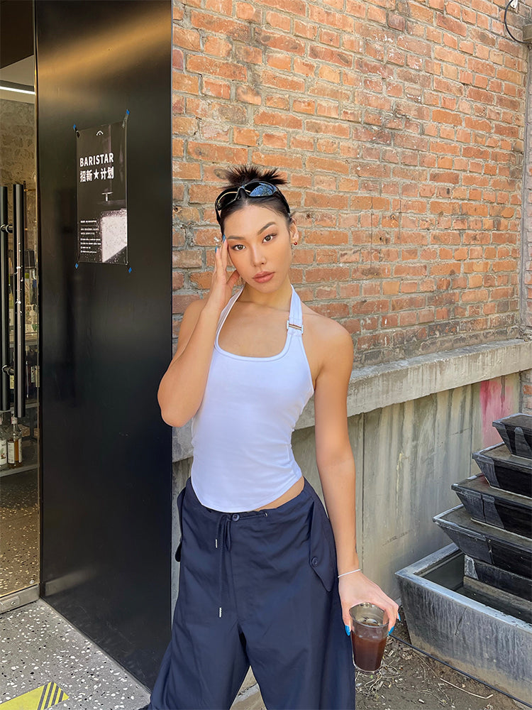 Antmvs Chelsea Solid Color White Sleeveless Halter Slim Top