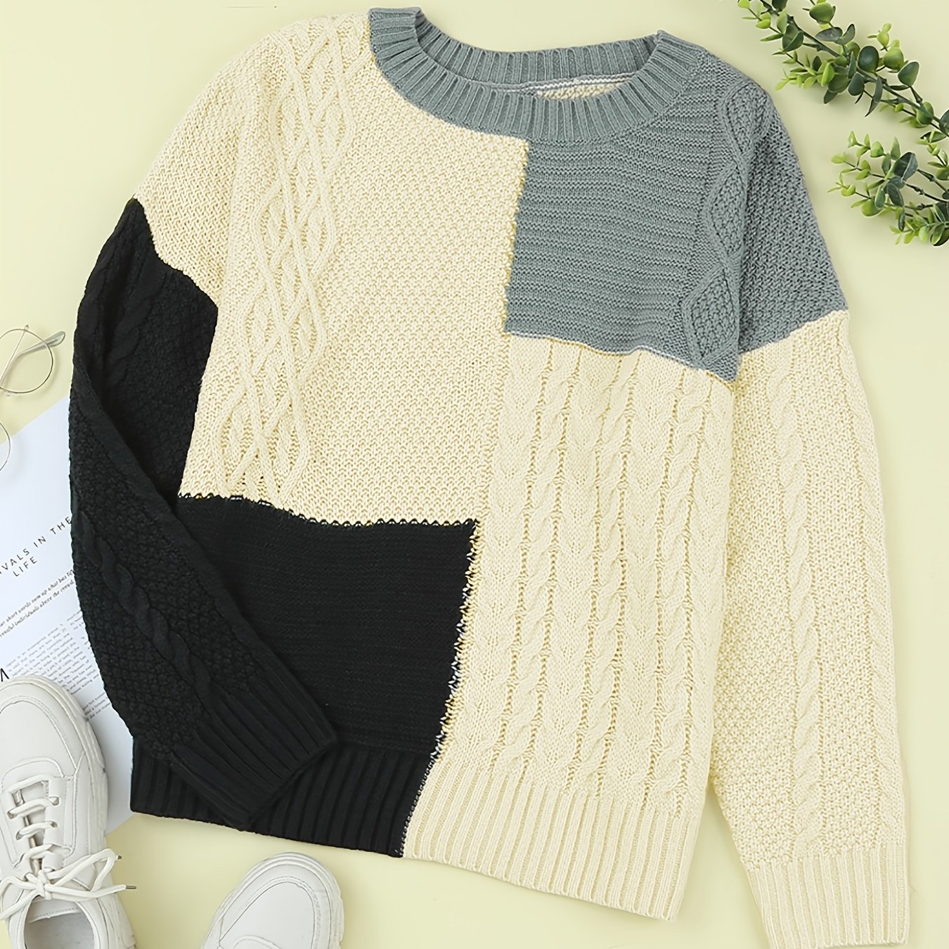 Antmvs Color Block Drop Shoulder Sweater, Loose Long Sleeve Knit Pullover, Women's Clothing