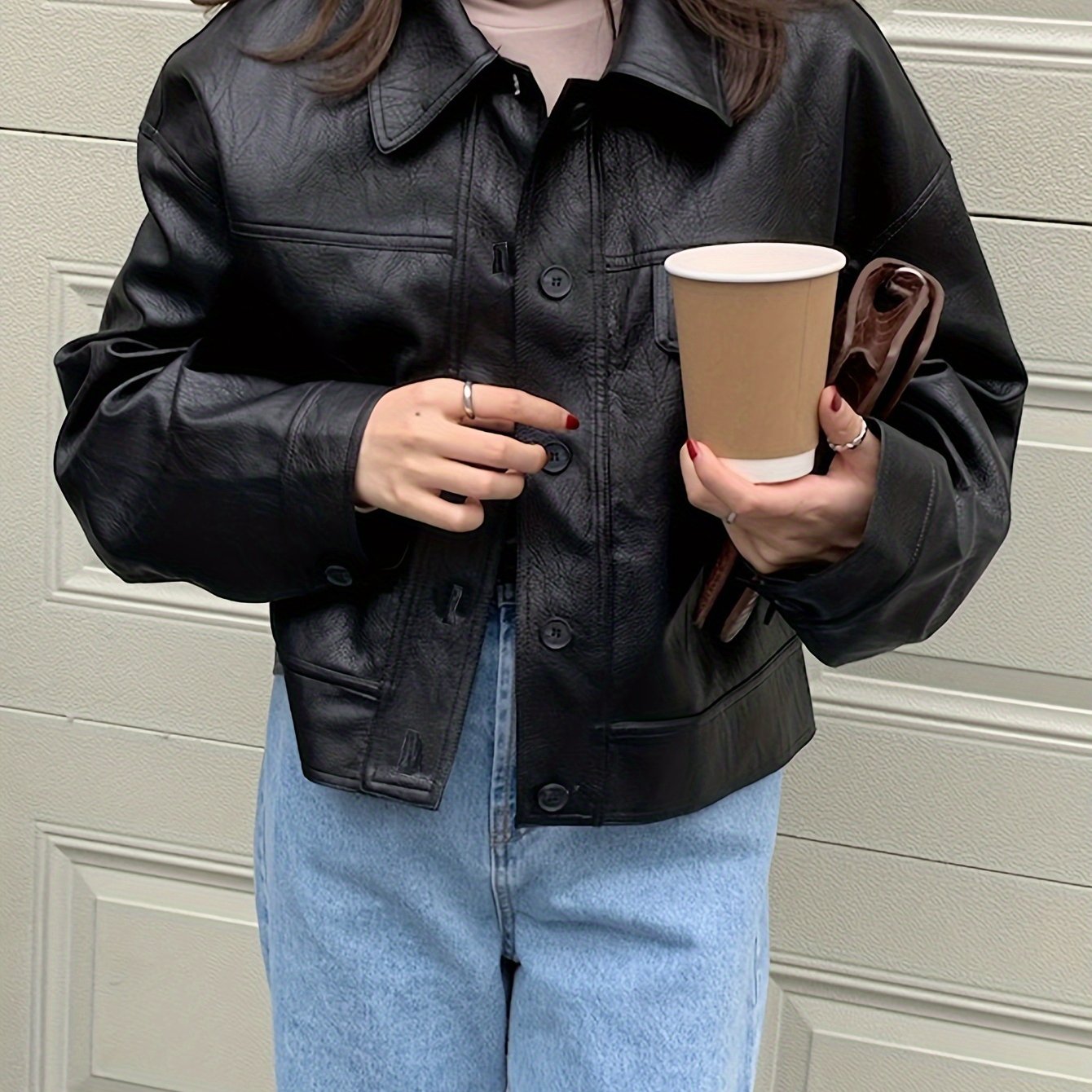Antmvs Solid Faux Leather Vintage Jacket, Long Sleeve Single Breasted Outwear For Fall & Winter, Women's Clothing