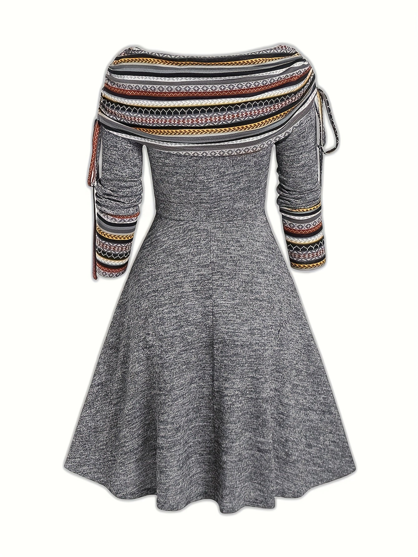 Antmvs Ethnic Print Drawstring Aline Dress, Vintage Off Shoulder Button Decor Dress For Spring & Fall, Women's Clothing