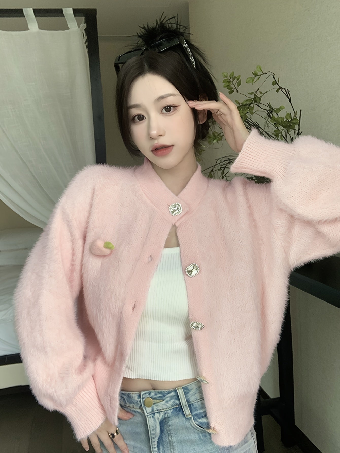 Antmvs Solid Plush Button Up Knit Cardigan, Casual Long Sleeve Soft Cozy Sweater, Women's Clothing