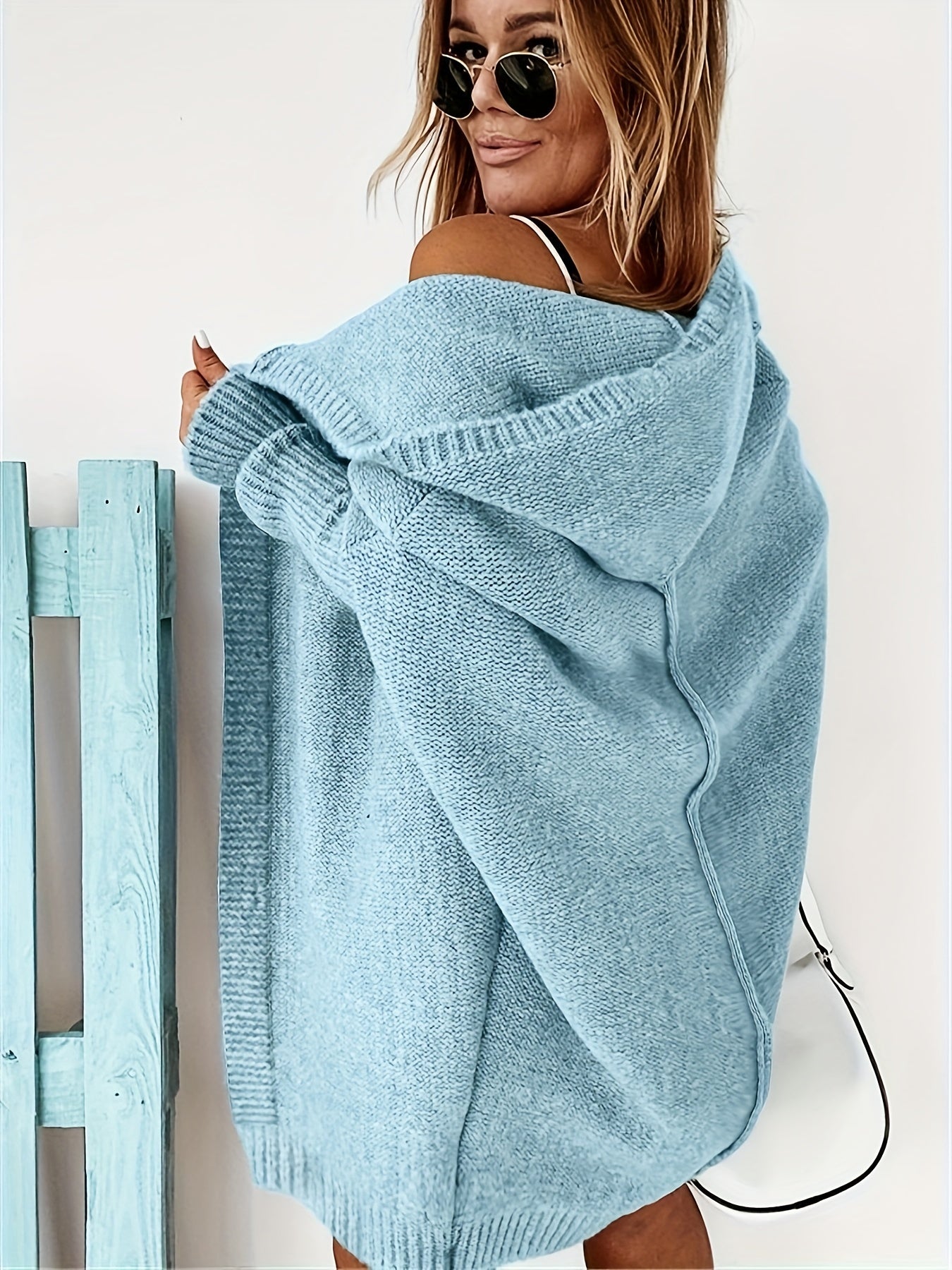 Antmvs Solid Open Front Hooded Cardigan, Casual Batwing Sleeve Mid Length Sweater For Fall & Winter, Women's Clothing