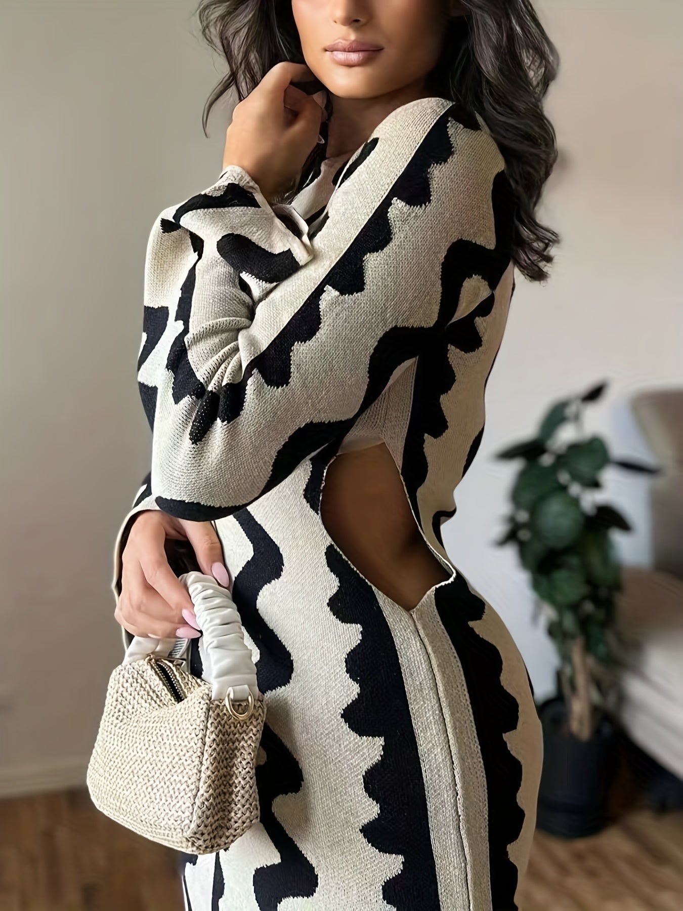 Antmvs Striped Bodycon Sweater Flare Long Sleeve Dress, Cut Out Long Sleeve Casual Dress, Women's Clothing