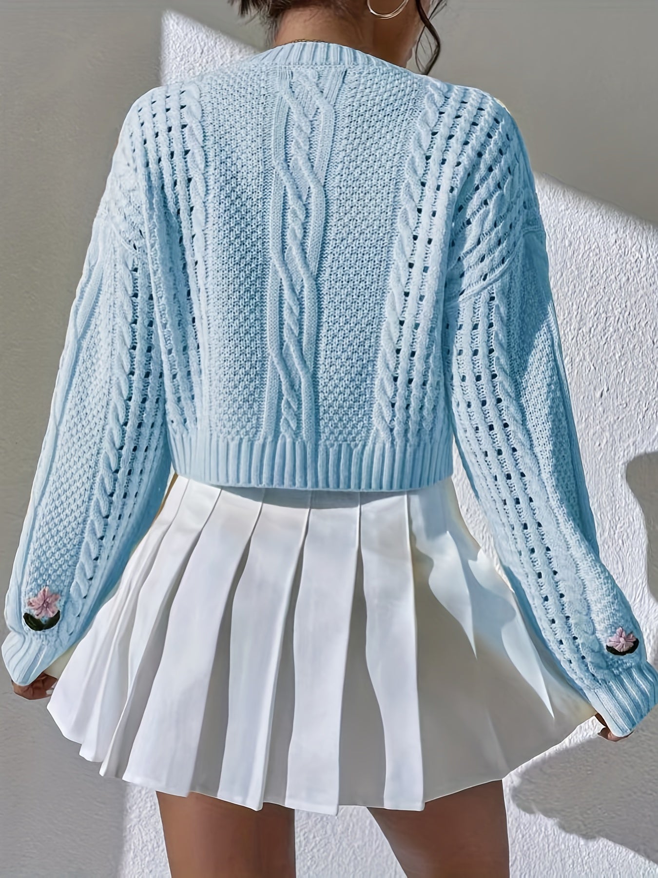 Antmvs Cropped Knit Sweater, Casual Crew Neck Long Sleeve Sweater, Women's Clothing