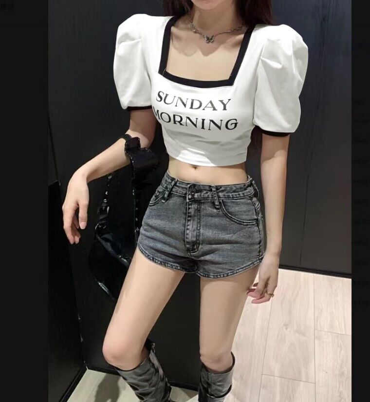 Antmvs SUNDAY MORNING Letter Print Square Neck Short Puffed Sleeve Slim Cropped Top