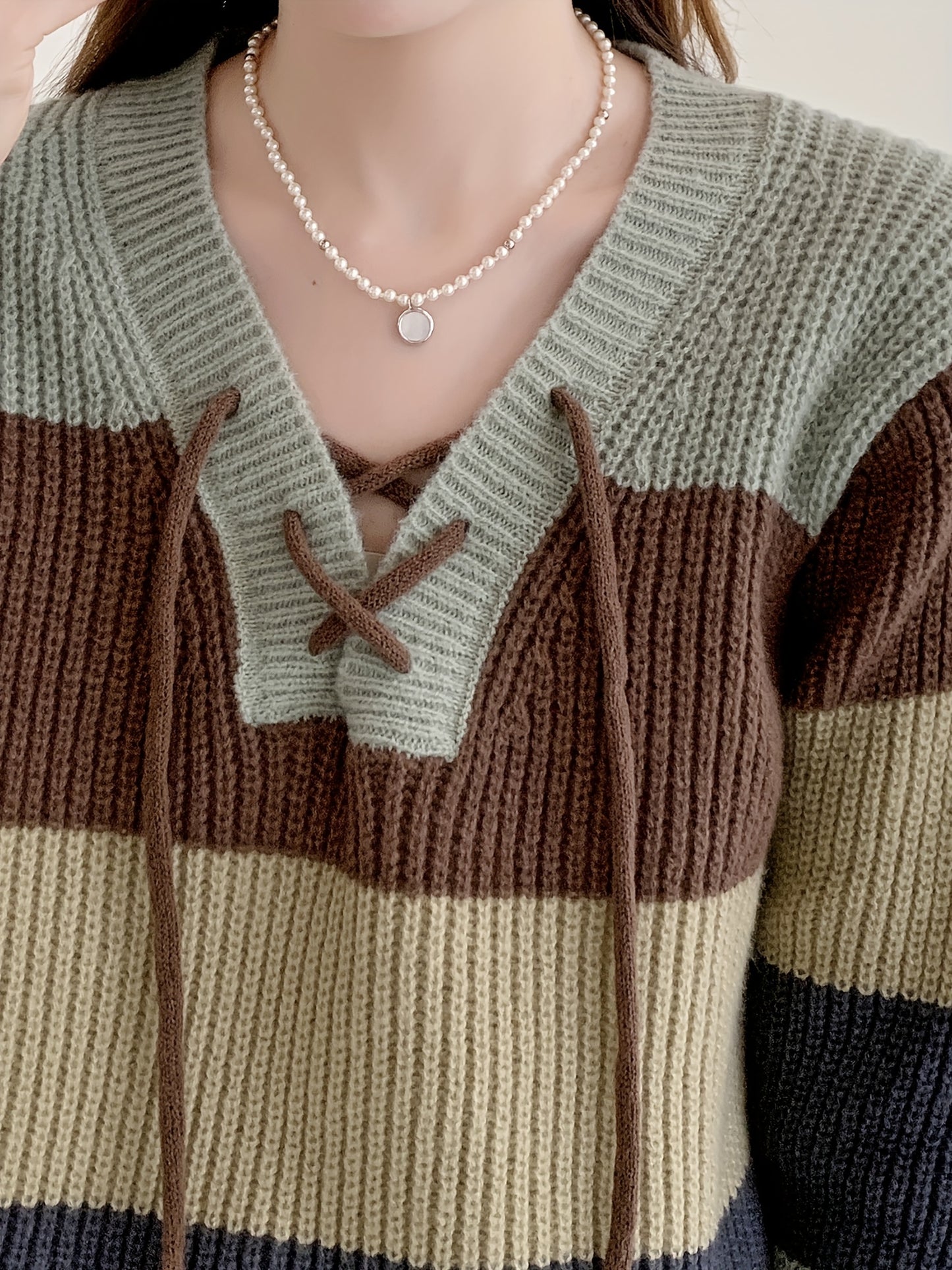 Antmvs Color Block Drawstring Knit Sweater, Casual Long Sleeve Loose Fashion Sweater, Women's Clothing