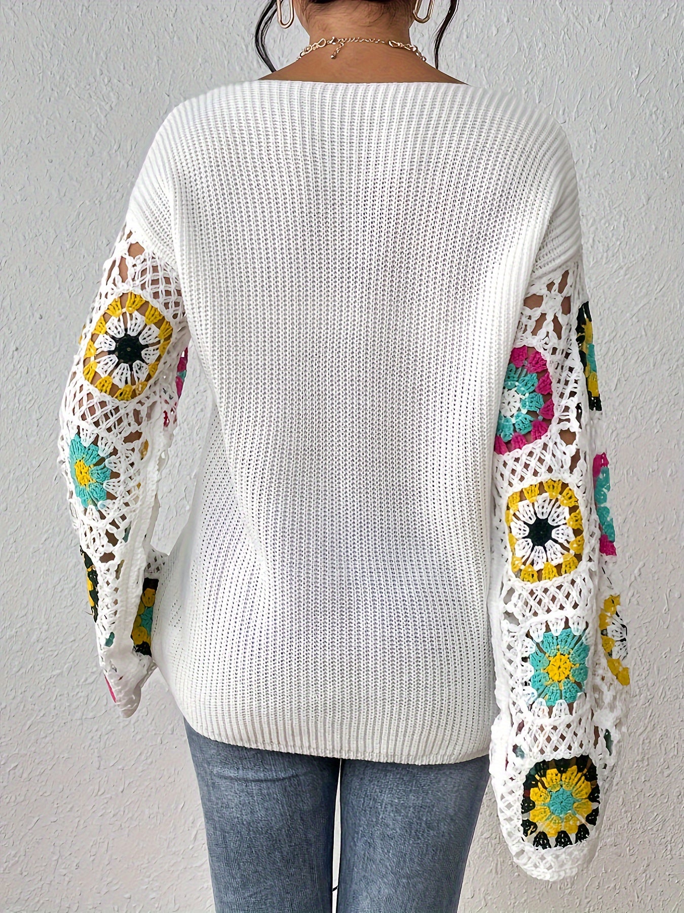 Antmvs Floral Pattern V Neck Knit Sweater, Casual Long Sleeve Pullover Sweater, Women's Clothing