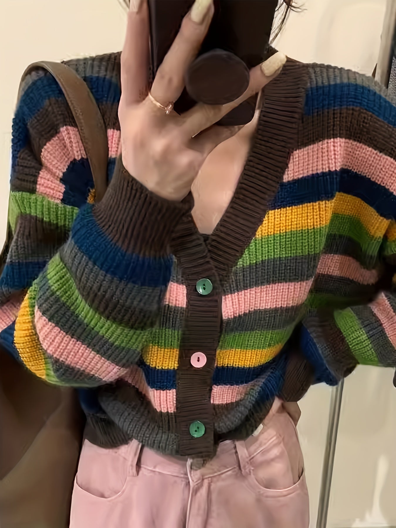 Antmvs Striped Button Down Knit Cardigan, Vintage V Neck Long Sleeve Sweater, Women's Clothing