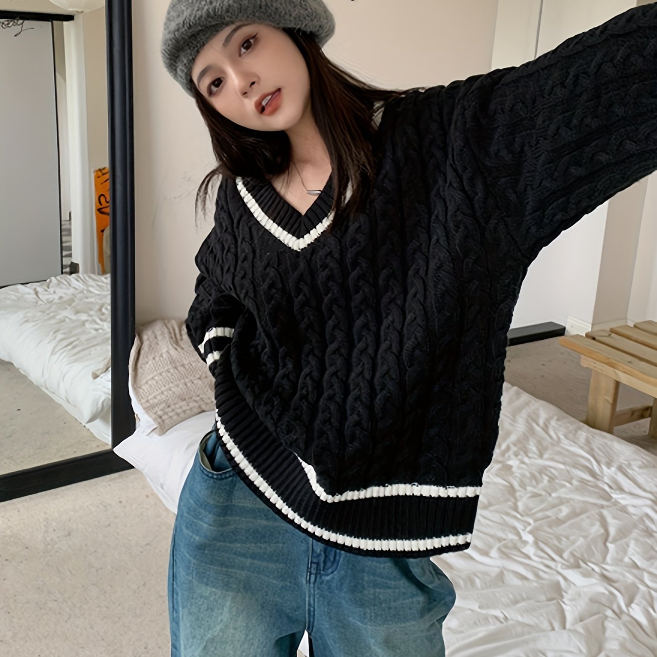 Antmvs Cable V Neck Pullover Sweater, Casual Long Sleeve Drop Shoulder Sweater, Women's Clothing
