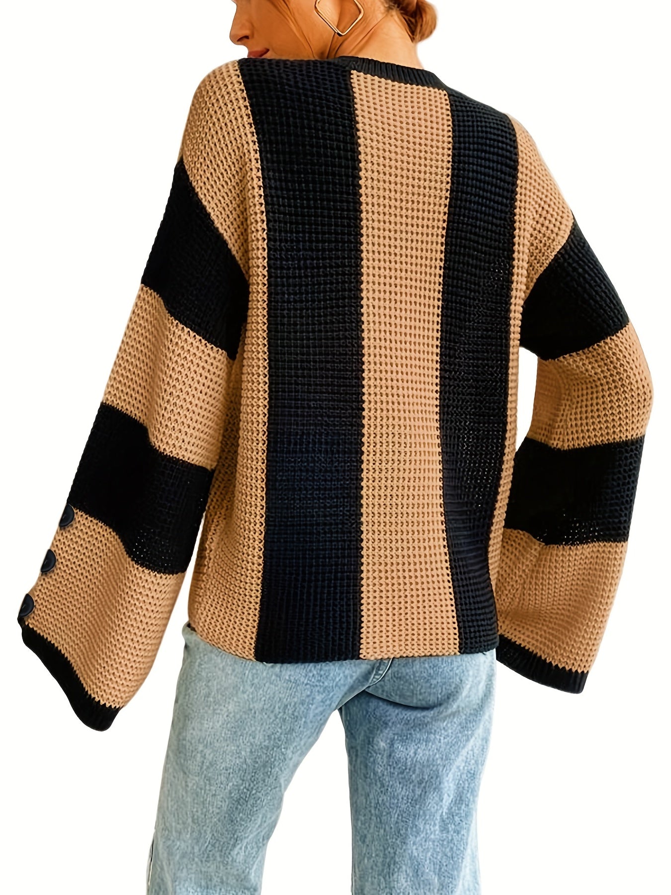 Antmvs Striped Flare Sleeve Pullover Sweater, Casual Button Decor Crew Neck Knitted Top, Women's Clothing