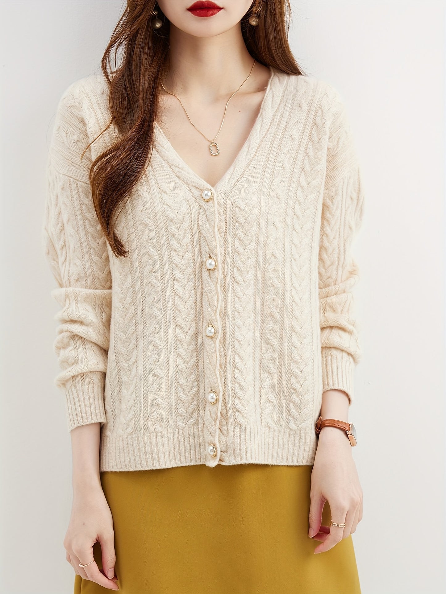Antmvs Solid Button Down Wool Cable Knit Cardigan, Elegant V Neck Long Sleeve Cozy Sweater, Women's Clothing