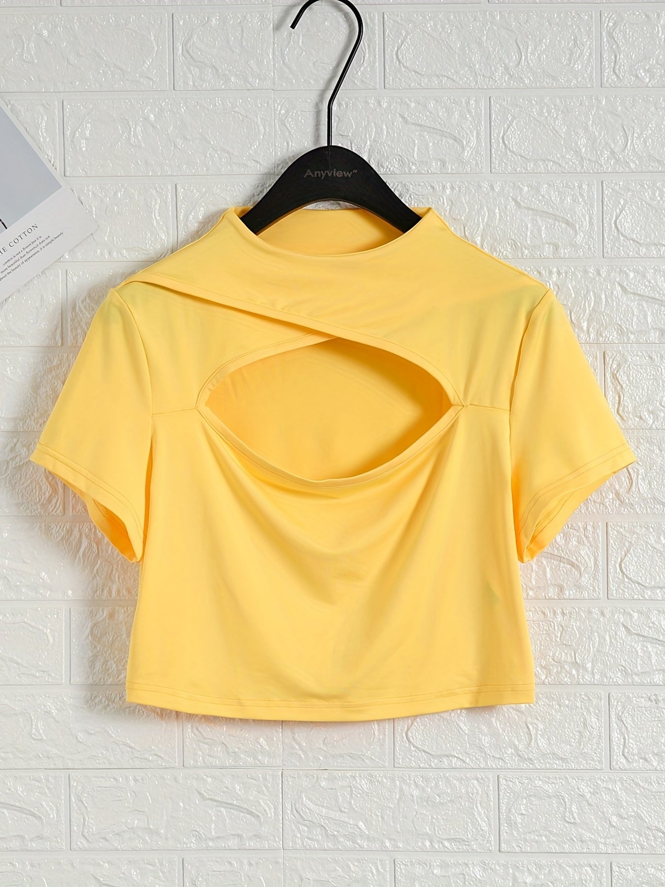 Antmvs Plus Size Sporty Top, Women's Plus Plain Cut Out Short Sleeve High Neck Slight Stretch Top