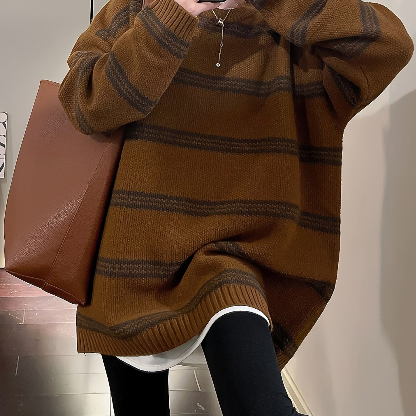 Antmvs Striped Crew Neck Pullover Sweater, Vintage Long Sleeve Oversized Slouchy Sweater, Women's Clothing