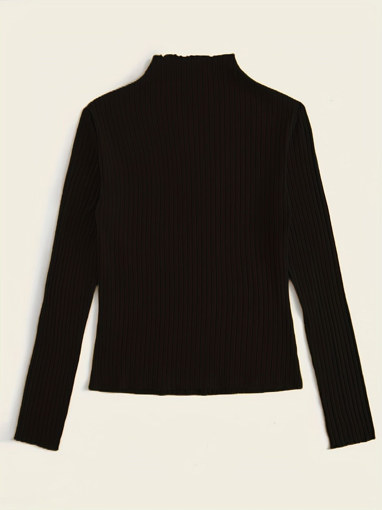 Antmvs Solid Ribbed Mock Neck T-Shirt, Casual Long Sleeve Top For Spring & Fall, Women's Clothing