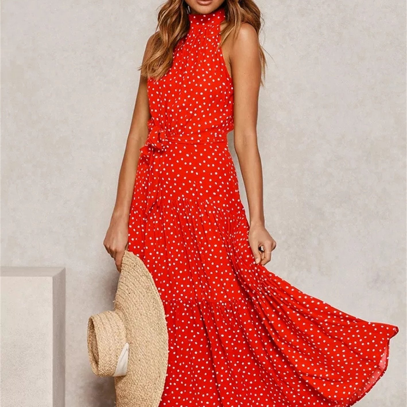 Antmvs Women's Dreses Halter Strapless Neck Floral Print Summer Vacation Dresses