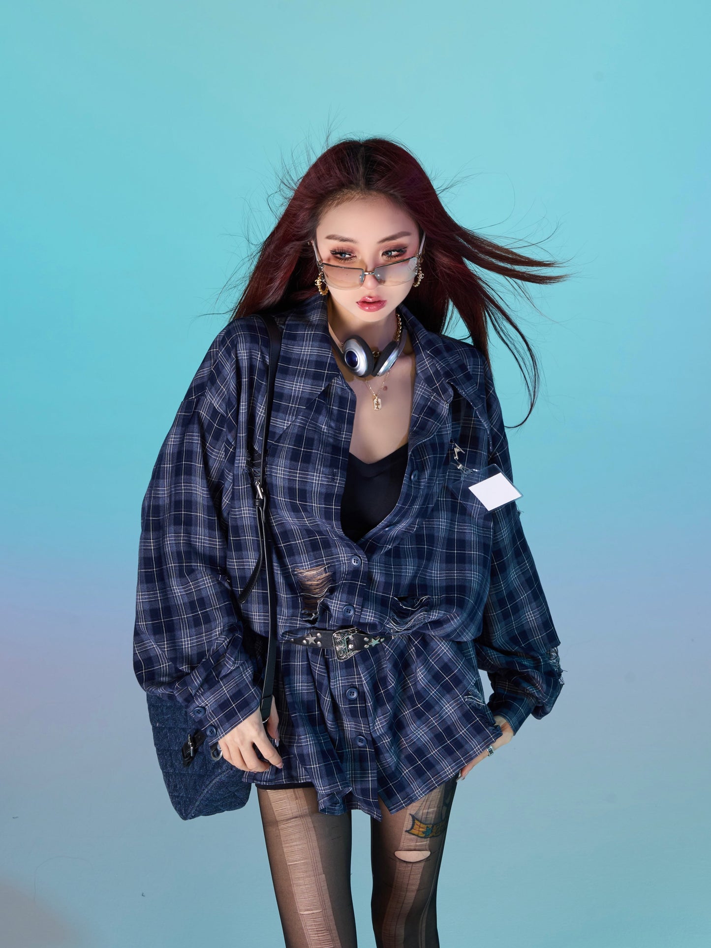 Antmvs Keebly Blue Plaid Long Sleeve Distressed Boyfriend Button Up Shirt Top