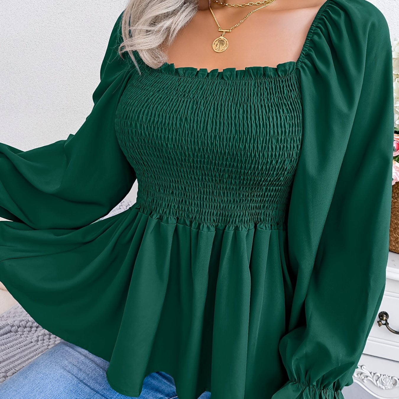 Antmvs Shirred Lantern Sleeve Shirt, Casual Squared Neck Pleated Ruffle Trim Solid Shirt, Women's Clothing