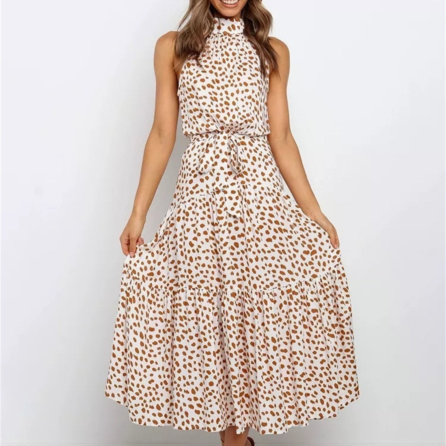 Antmvs Women's Dreses Halter Strapless Neck Floral Print Summer Vacation Dresses