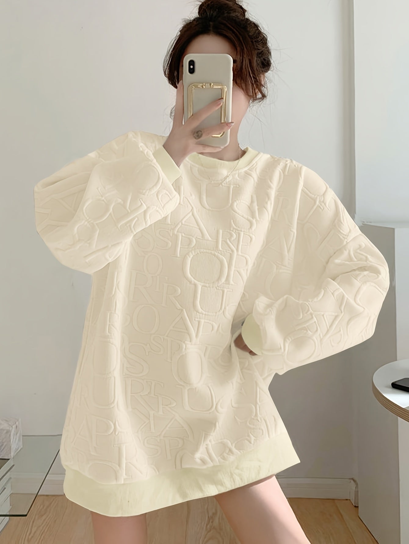 Antmvs Textured Crew Neck Sweatshirt, Casual Long Sleeve Drop Shoulder Sweatshirt For Spring & Fall, Women's Clothing
