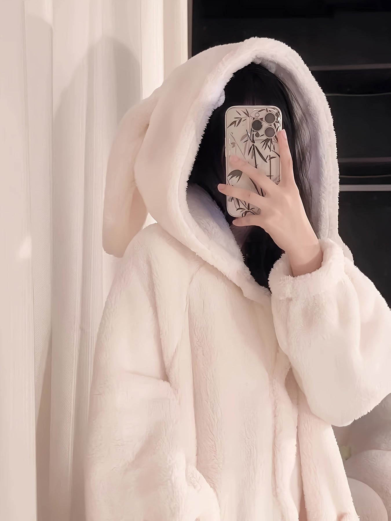 Antmvs Cute Rabbit Hooded Fleece Night Robe, Thickened Long Sleeve Button Up Robe With Pockets, Women's Sleepwear & Dresses