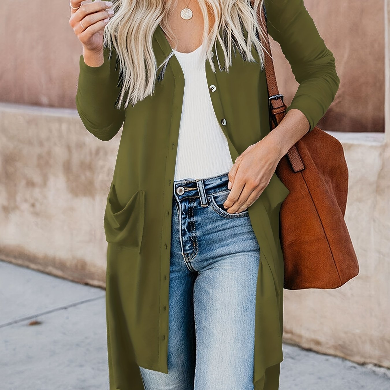 Antmvs Plus Size Casual Coat, Women's Plus Solid Long Sleeve Button Up V Neck High Low Hem Pocketed Sweater Cardigan