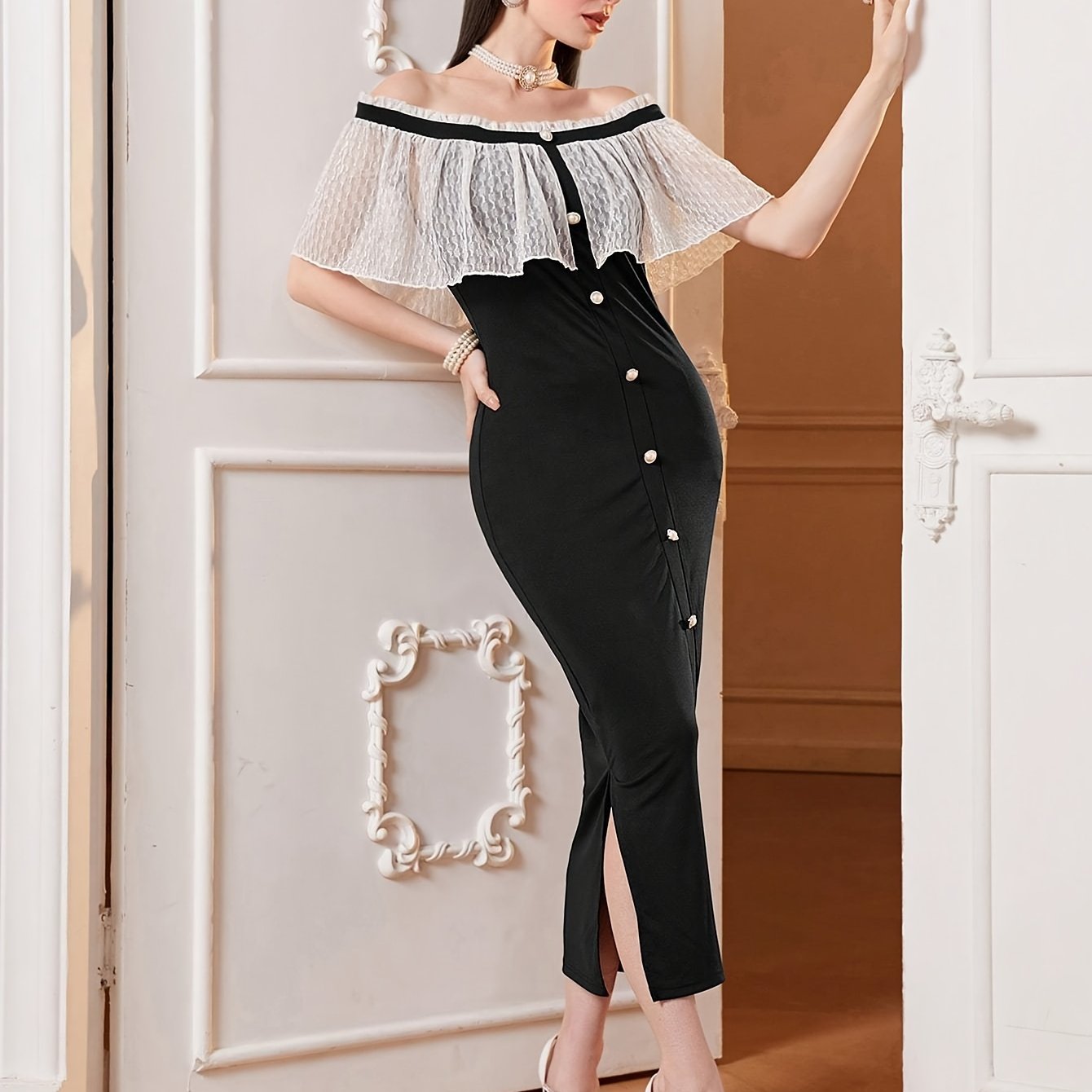 Antmvs Off-shoulder Lace Cape Dress, Chic Split Hem Slim Dress For Spring & Summer, Women's Clothing