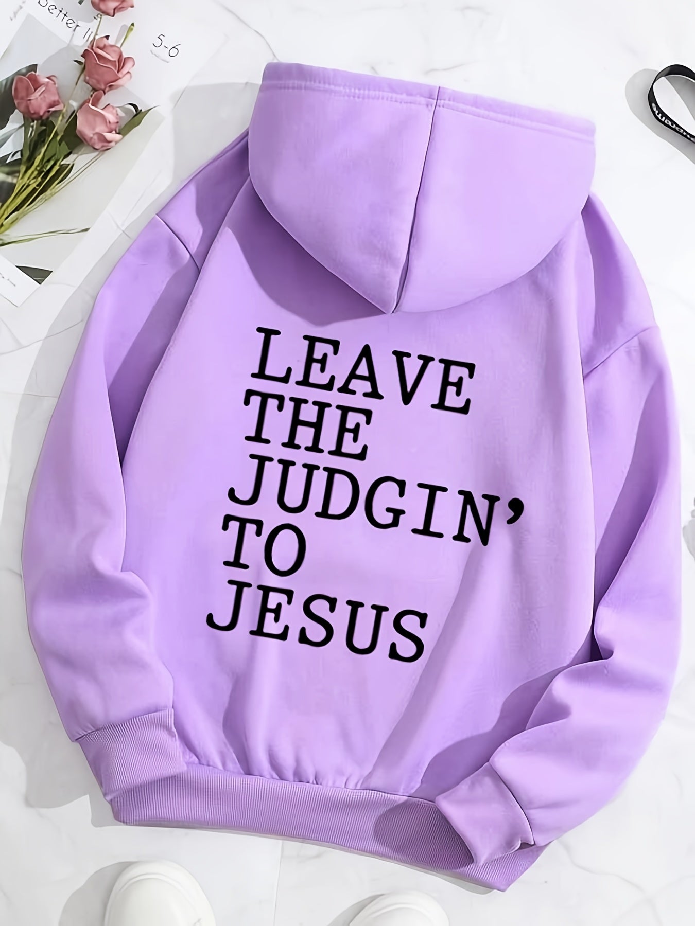 Antmvs Plus Size Casual Sweatshirt, Women's Plus Slogan Print Long Sleeve Drawstring Hooded Sweatshirt With Pockets