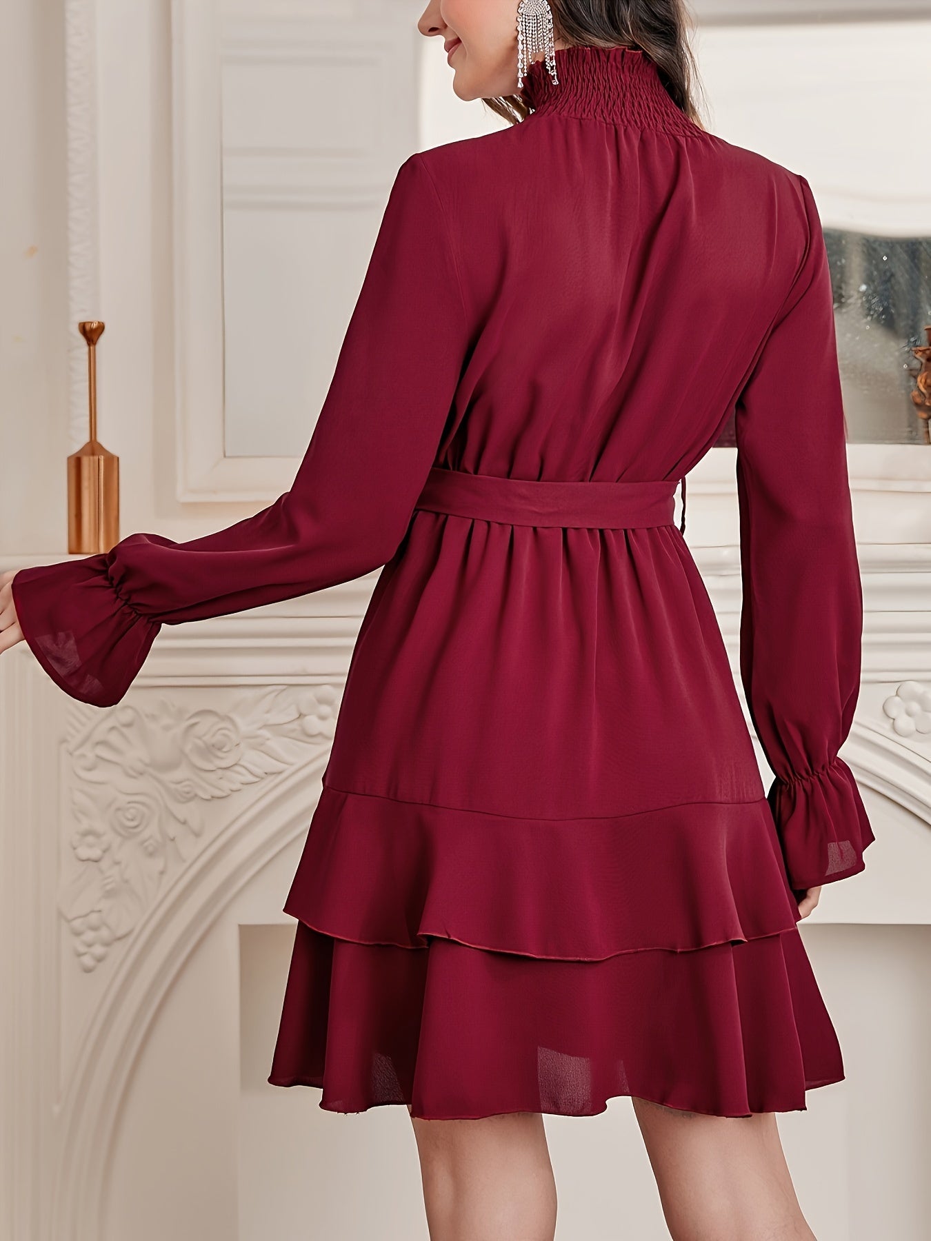Antmvs Ruffle Hem Layered Dress, Elegant Long Sleeve High Neck Dress, Women's Clothing