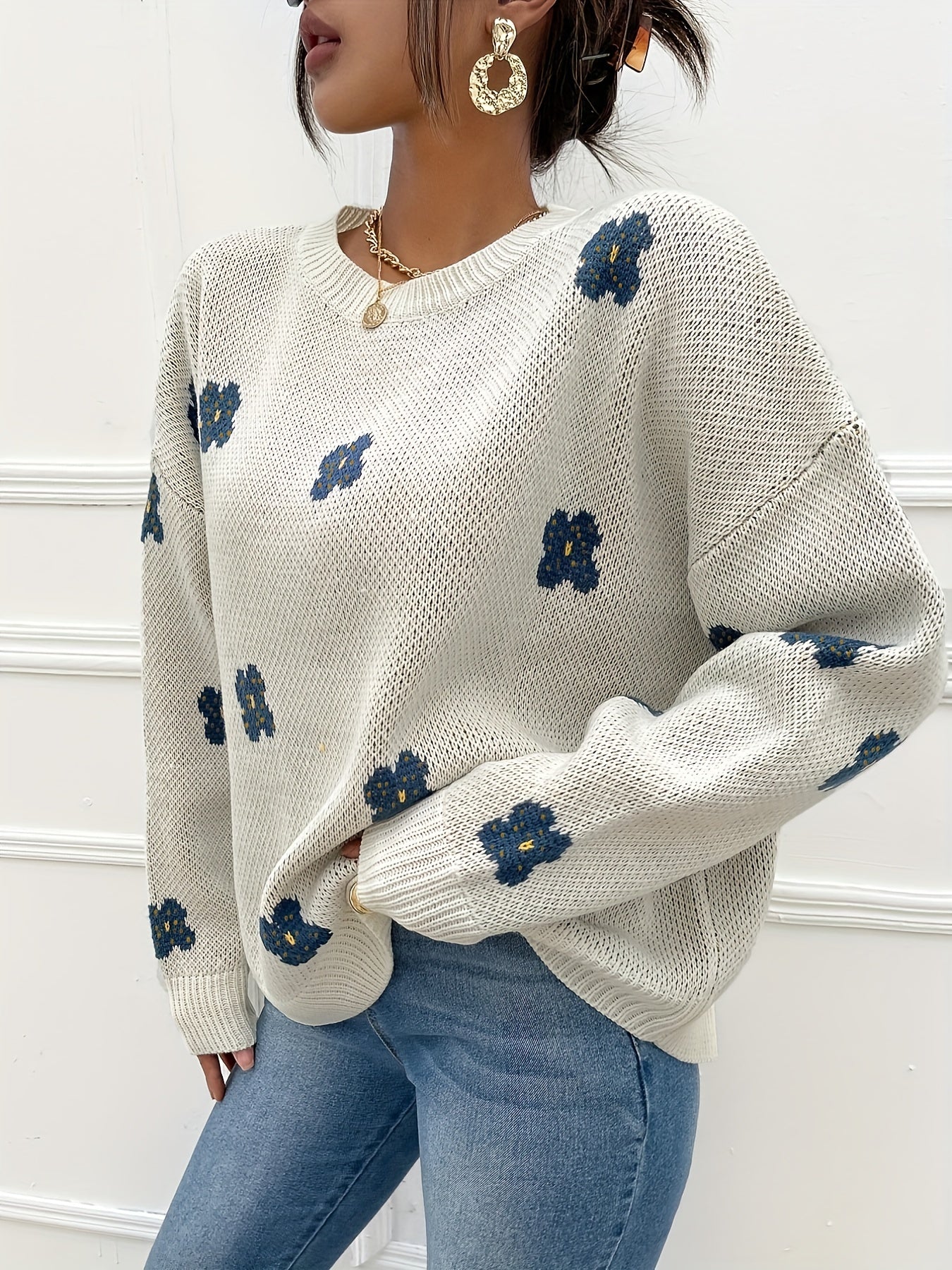 Antmvs Floral Pattern Crew Neck Sweater, Casual Long Sleeve Drop Shoulder Sweater For Fall & Winter, Women's Clothing