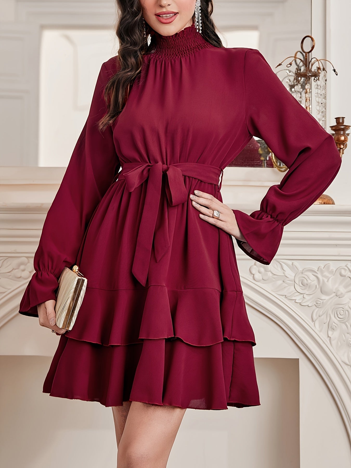 Antmvs Ruffle Hem Layered Dress, Elegant Long Sleeve High Neck Dress, Women's Clothing