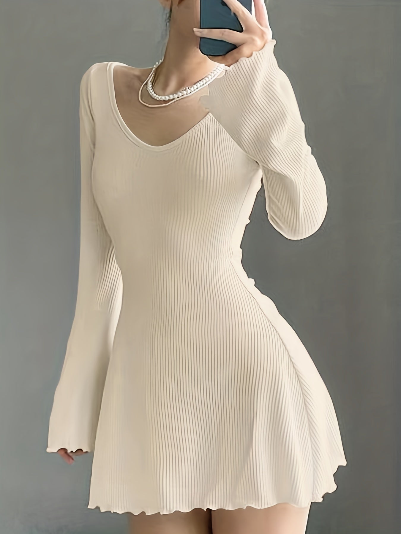 Antmvs Lettuce Trim Solid Dress, Elegant Crew Neck Long Sleeve Dress, Women's Clothing