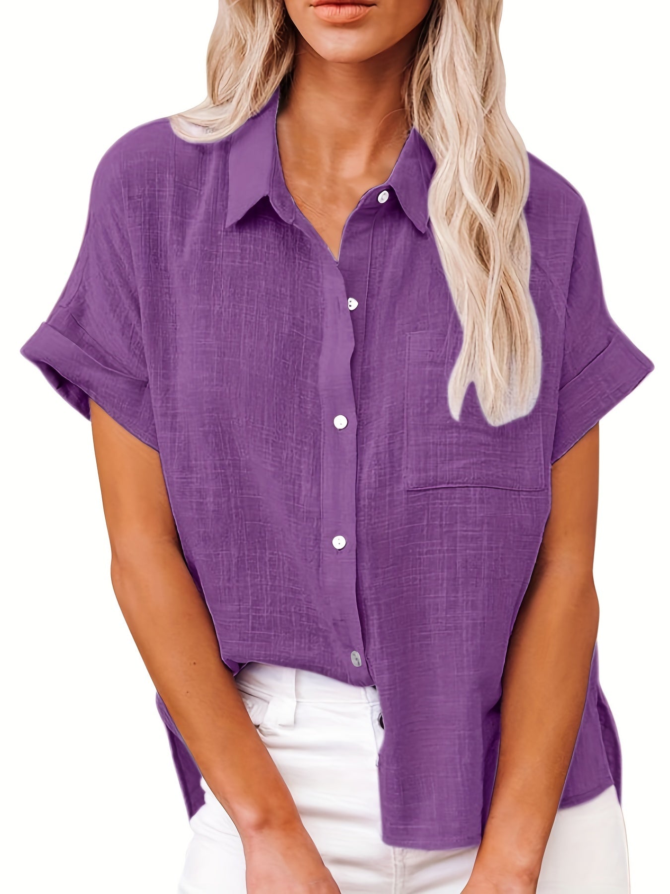 Antmvs Solid Color Short Sleeve Blouse, Casual Button Front Blouse For Spring & Summer, Women's Clothing
