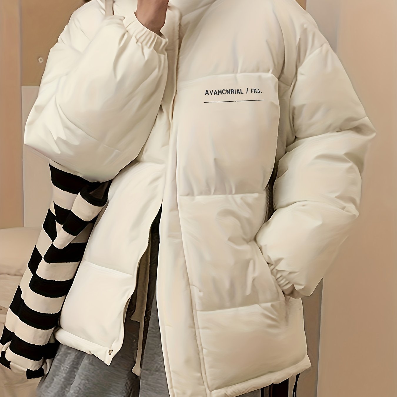 Antmvs Zip Up Letter Print Puffy Coat, Long Sleeve Slant Pockets Outwear For Winter, Women's Clothing