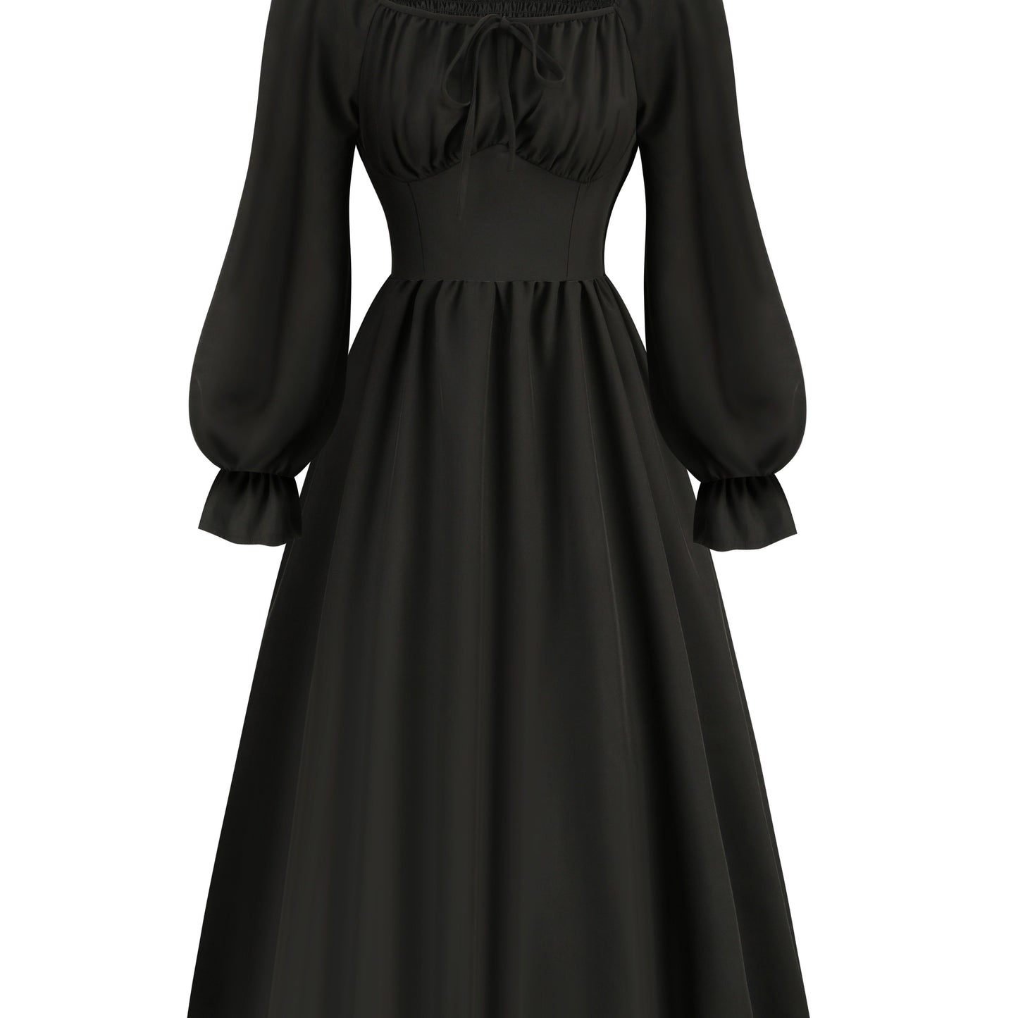Antmvs Tie Front Lantern Long Sleeve Dress, Casual Solid Squared Neck Dress, Women's Clothing
