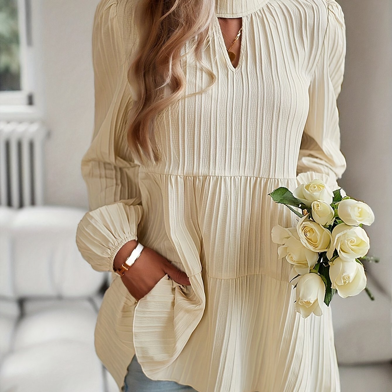 Antmvs Textured Keyhole Blouse, Elegant Mock Neck Long Sleeve Blouse, Women's Clothing