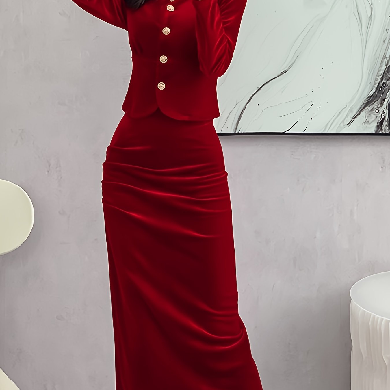 Antmvs Solid Bodycon Two-piece Set, Button Front Long Sleeve Tops & High Waist Midi Skirts Outfits, Women's Clothing