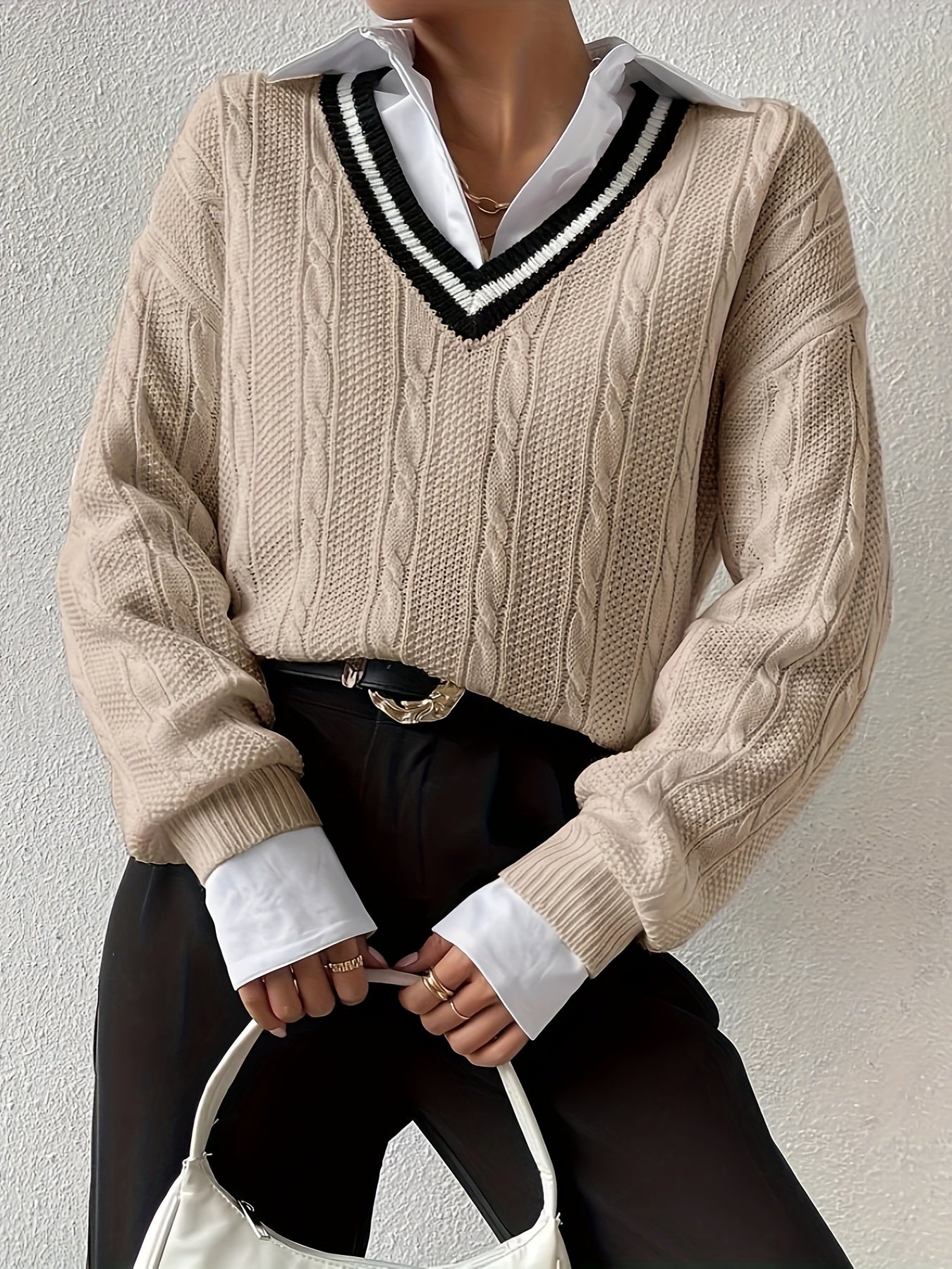 Antmvs V Neck Cable Knit Pullover Sweater, Casual Long Sleeve Drop Shoulder Sweater, Women's Clothing