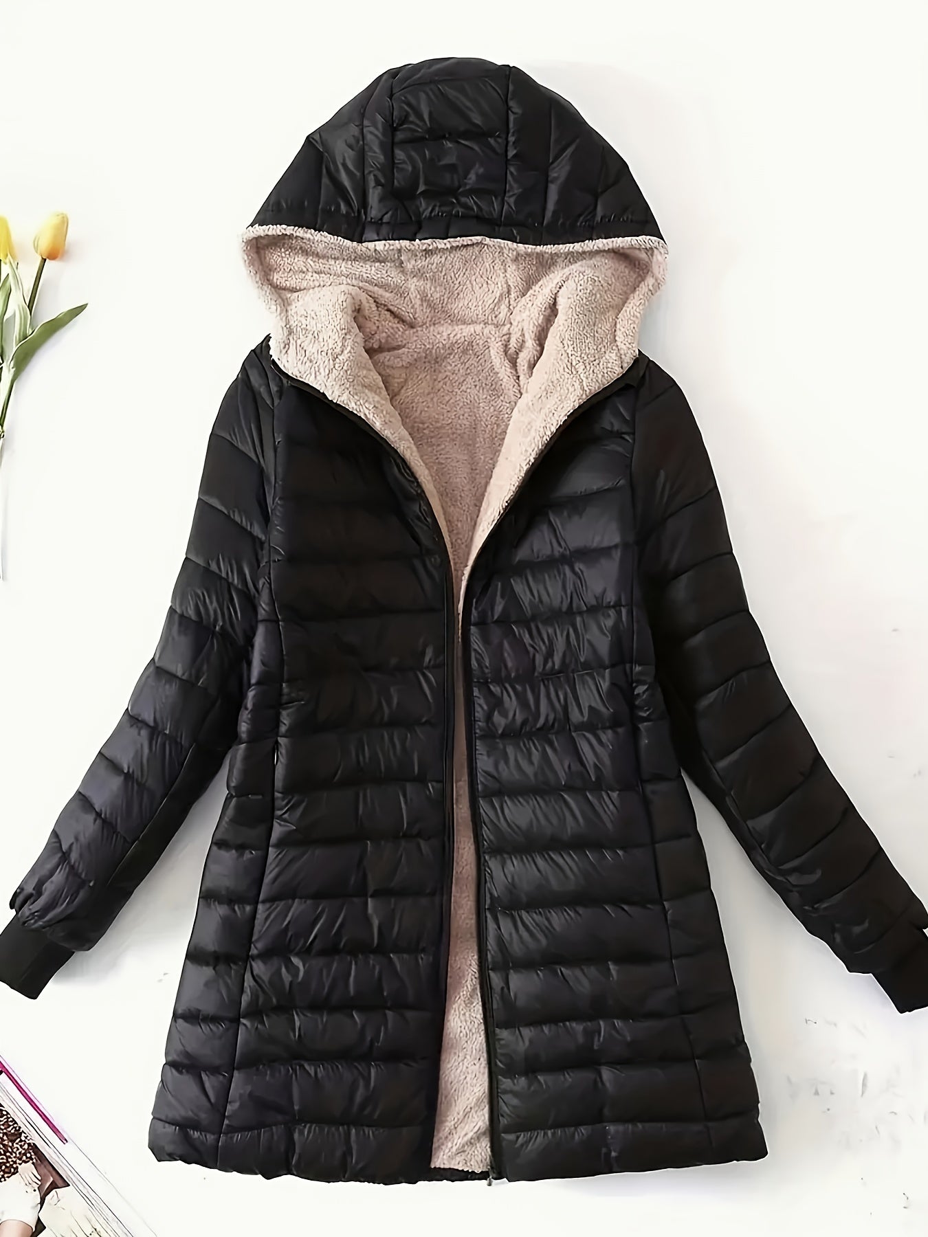 Antmvs Mid-length Hooded Slim Fit Fleece Padded Jacket, Warm Solid Color Causal Winter Coat, Women's Activewear