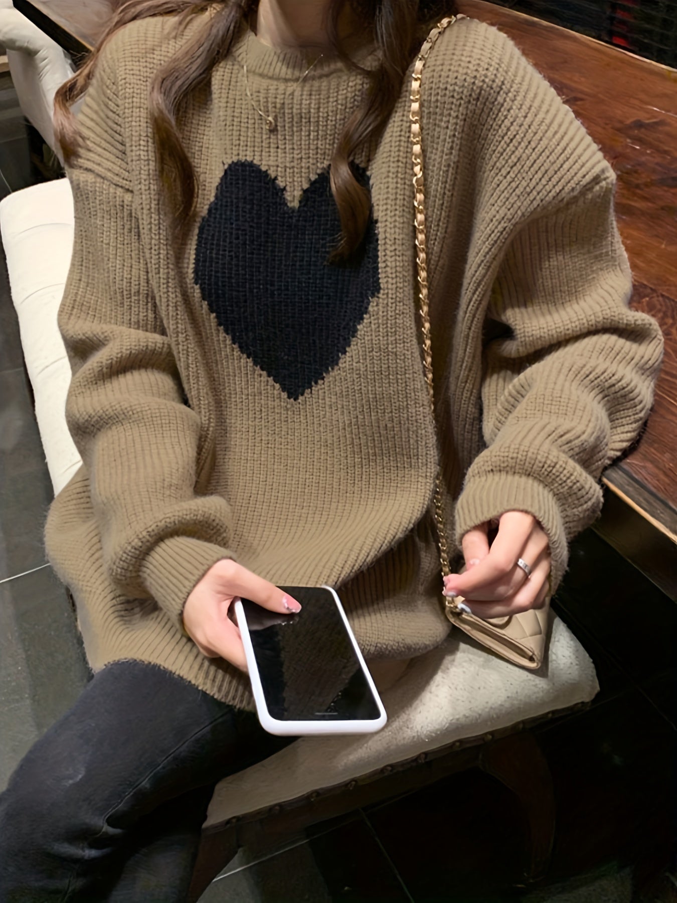 Antmvs Heart Pattern Crew Neck Pullover Sweater, Casual Long Sleeve Drop Shoulder Sweater, Women's Clothing