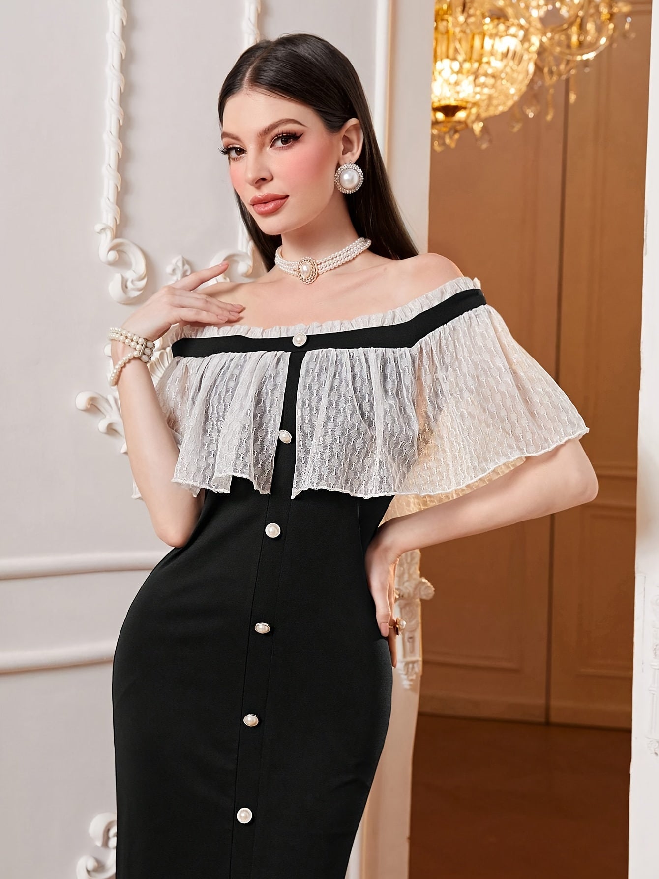 Antmvs Off-shoulder Lace Cape Dress, Chic Split Hem Slim Dress For Spring & Summer, Women's Clothing