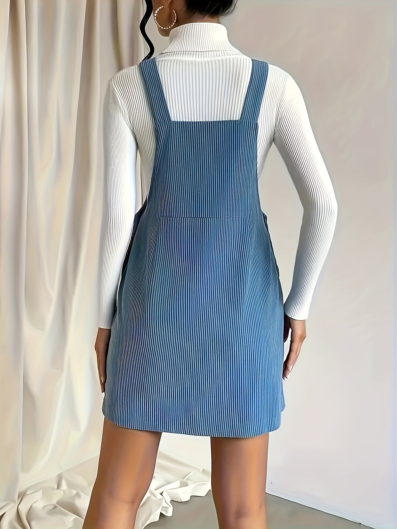 Antmvs Plus Size Preppy Dress, Women's Plus Solid Corduroy Button Detail Adjustable Strap Overall Dress With Pockets