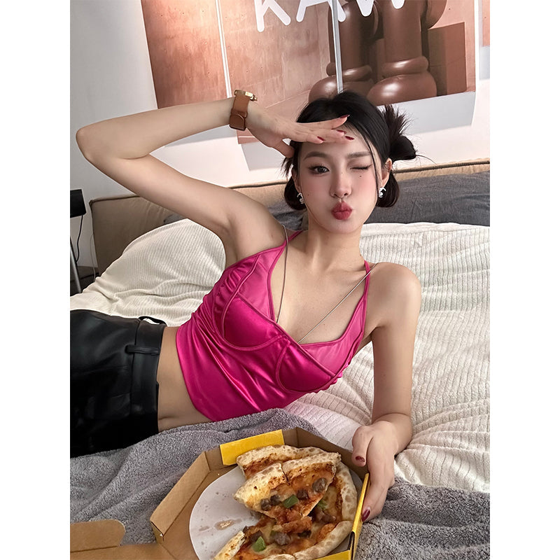 Antmvs Riri Solid Color Pink Satin Spaghetti Strap Slim Cropped Camisole Top