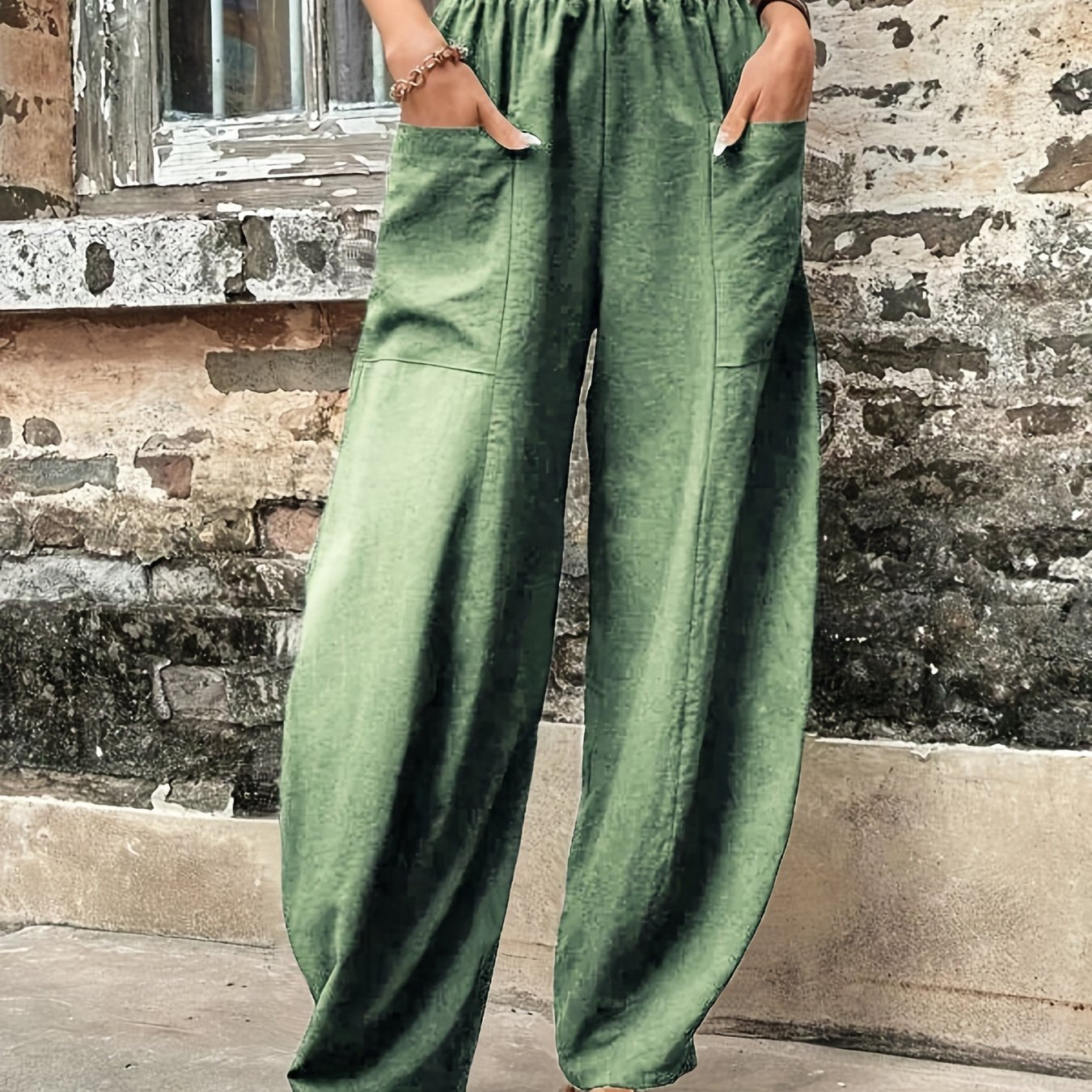 Antmvs Boho Solid Elastic Waist Harem Pants, Casual Long Length Baggy Pants With Pockets For Spring & Summer, Women's Clothing