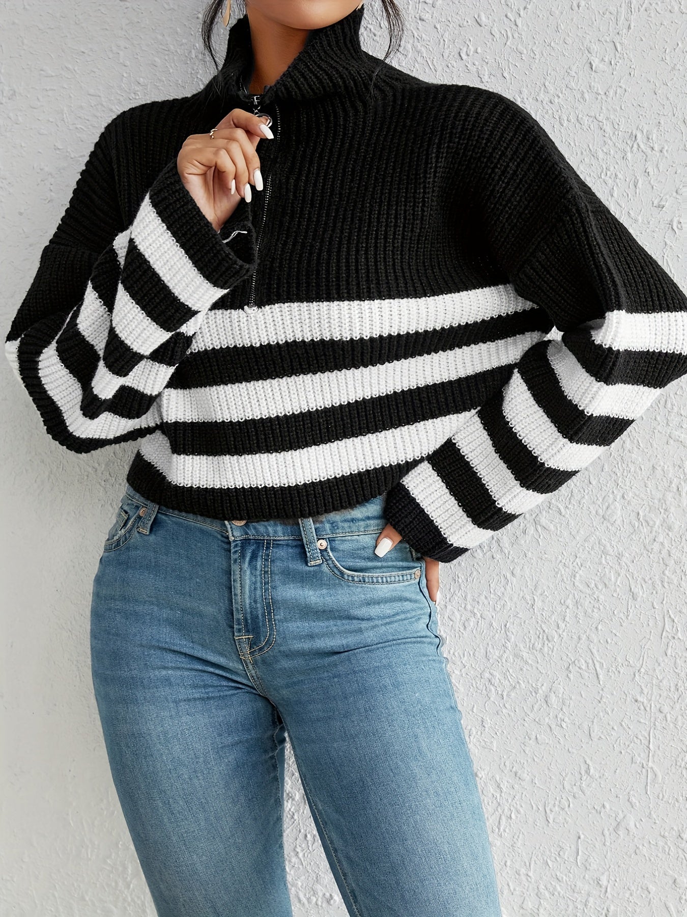 Antmvs Striped Zip Turndown Collar Crop Sweater, Casual Long Sleeve Drop Shoulder Sweater, Women's Clothing