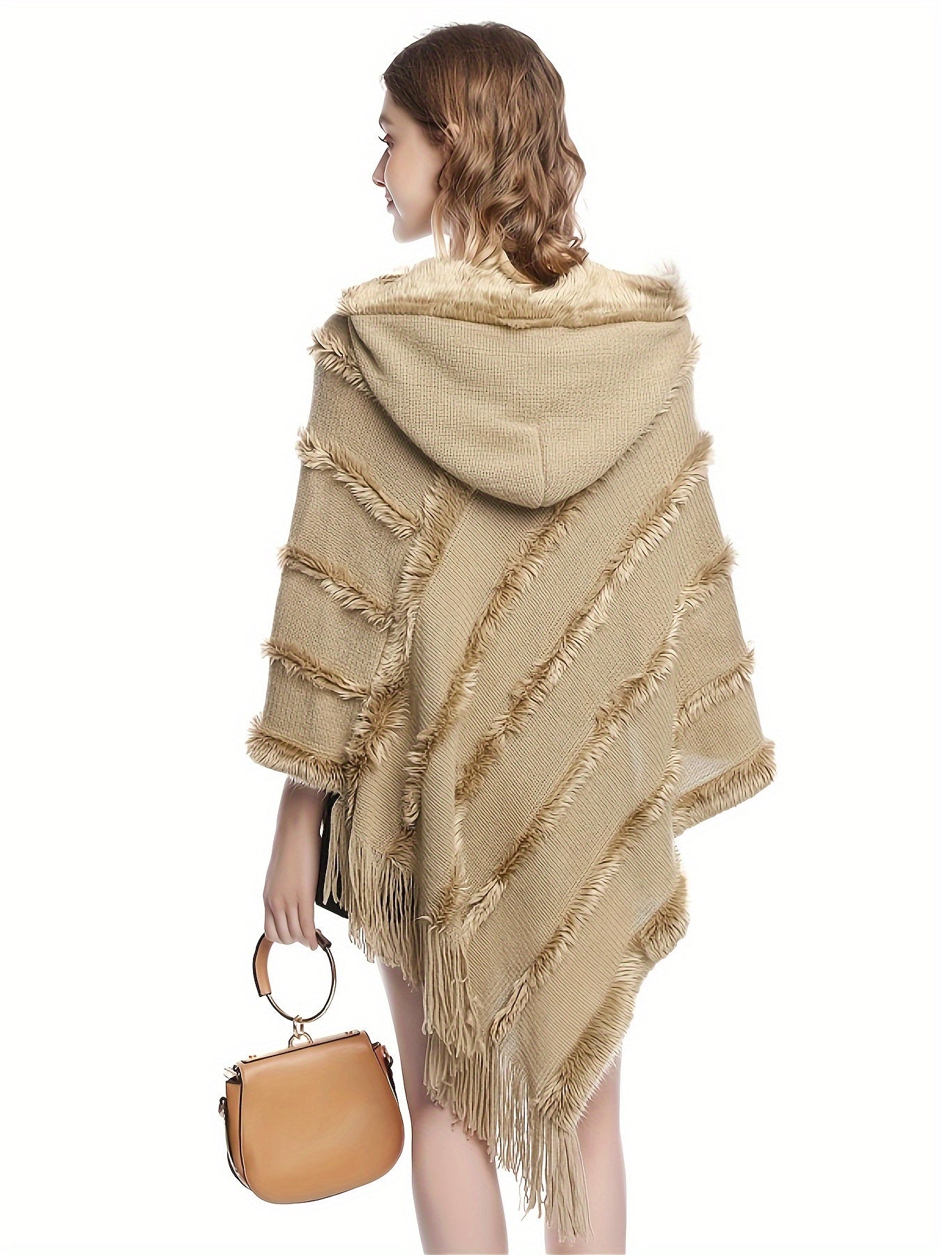 Antmvs Tassel Shawl Hooded Shawl Sweater, Vintage Solid Asymmetrical Hem Poncho Sweater, Women's Clothing