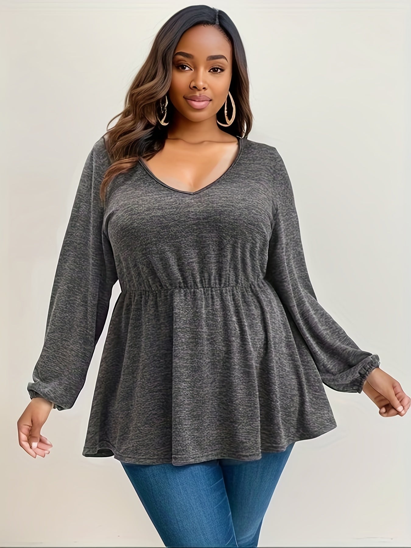 Antmvs Plus Size Casual Top, Women's Plus Plain Lantern Sleeve V Neck Nipped Waist Top