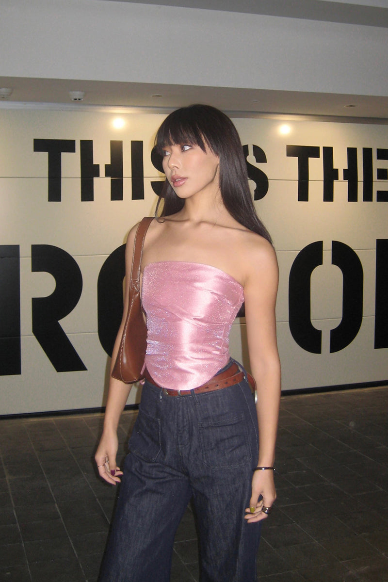 Antmvs Barbie Pink Shiny Pearlescent Fine Shewing Side Ties Irregular Pleated Sleeveless Bandeau Short Cropped Lace Up Top