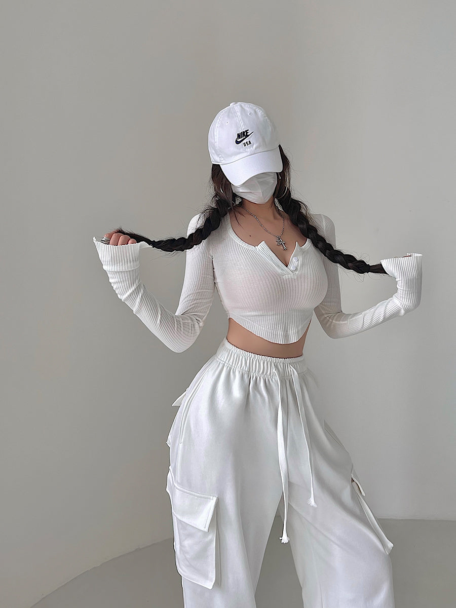 Antmvs Olivia Solid Color Button Up Long Sleeve Ribbed Slim Cropped Top